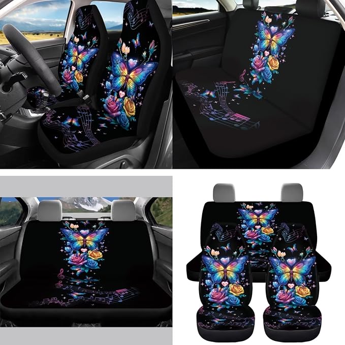 Colorful Rose Butterfly Car Seat Covers Full Set 15 Pcs Universal Car Accessories Steering Wheel Cover Seat Belt Pads Garbage Bag Rearview Mirror Cover Coasters Keychain