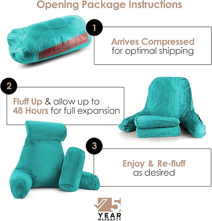 Nestl Reading Pillow with Shredded Memory Foam Includes 2 Neck and Lumber Support Pillows, Designed for Sitting Up in Bed and Couch, Back and Arms Adjustable Support for Adult & Teens, Teal