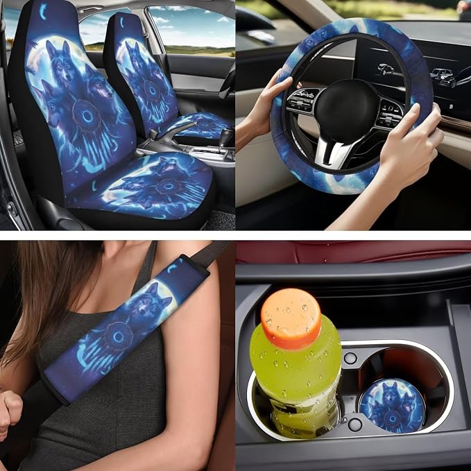 Bulopur Wolf Dreamcatcher Vehicle Seat Covers Set with 15 Inch Steering Wheel Cover Breathable Center Console Cover Seat Headrest Covers Seat Belt Pads Car Interior Accessories Set for SUV Van Sedan