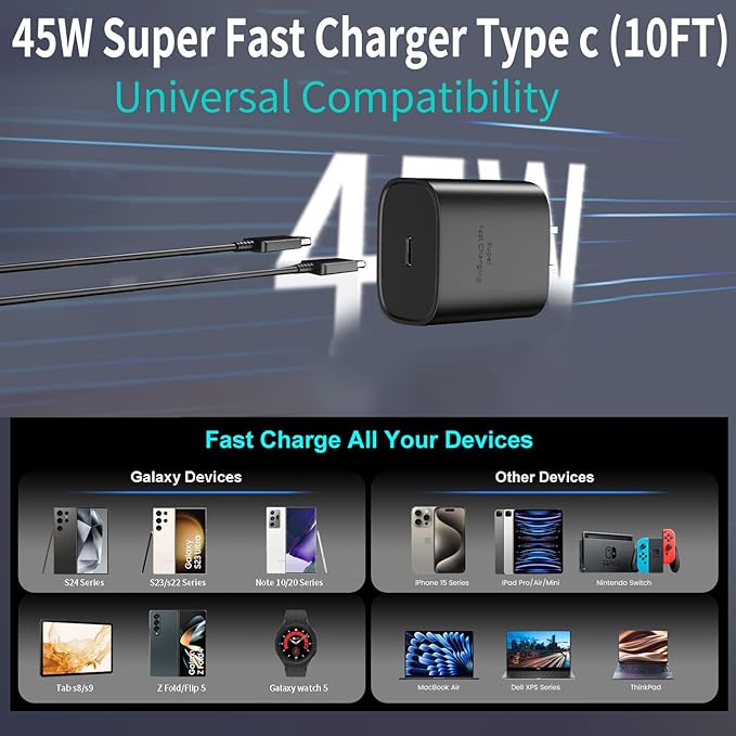 Z Flip Super Fast Charger Type C,45W USB C Wall Charger Fast Charging for Samsung Galaxy S26 Ultra/S24/S23/S25，Galaxy Z Flip7 /Flip 6/Flip5 Z Fold 7/6 & 10FT Long Type C Charging Cable 2Pack