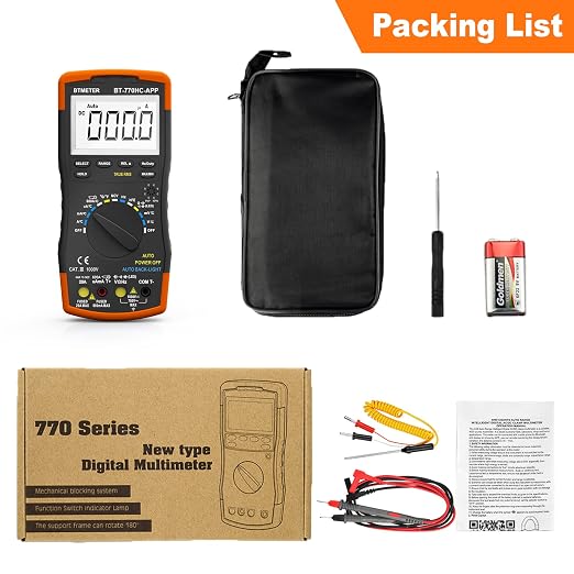 BTMETER Digital Multimeter, Handheld TRMS 6000 Multi Meter Auto Range Voltmeter Ammeter Measure AC DC Volt Amp Ohm Continuity Capacitance Frequency Diode hFE Transistor Temp 770HC-APP