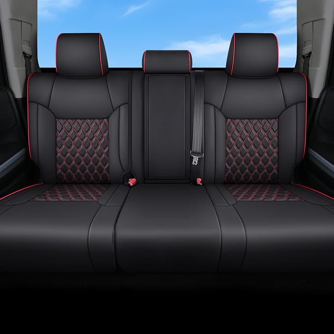 Huidasource for Toyota Tundra Rear Seat Cover, Nappa Leather Truck Rear Seat Cover, 360° Full-Coverage Toyota Rear Seat Covers 2014-2021 CrewMax, Compatible with Armrest Airbags (Back Row/Black＆Red)