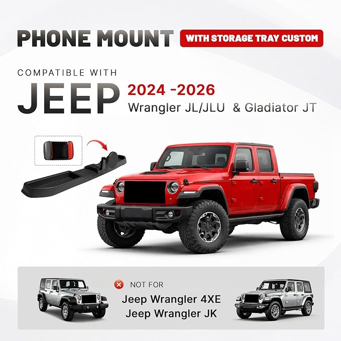 Dash Magnetic Phone Mount for 2024-2026 Jeep Wrangler JL JLU & Gladiator JT Accessories (NOT for 4XE), Multi-Mount 360° Rotating Phone Holder Dashboard Tray with Metal Rod