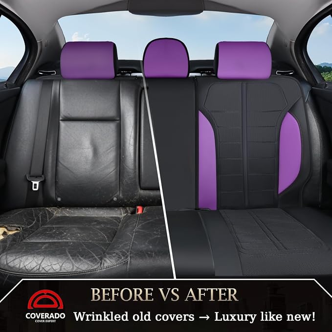 Coverado Air Mesh Seat Cover, Car Seat Cover Full Set, 3D Breathable Seat Protectors Sports Carbon Fiber Design Airbag Compatible Comfort Universal for Most Cars, Van,Trucks, SUV, Black&Purple