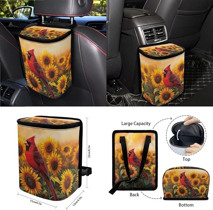 Cardinal Sunflower Pattern Car Accessories Set of 15, Full Set Seat Covers for Cars Steering Wheel Cover Seat Belt Cushion Car Trash Can Air Vent Storage Bag Cup Coasters Universal Fit