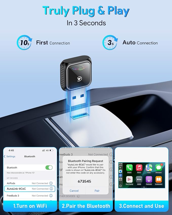 Super Mini Wireless CarPlay Adapter (Latest Upgraded) - Bluetooth Car Play Dongle, Zero Latency, Stable Connection, Compatible with iOS & Android, 2017+ Models, USB/Type-C