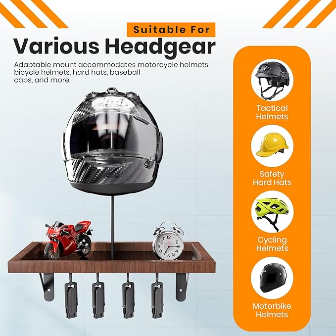 Motorcycle Helmet Holder Wall Mount, Heavy-Duty Metal Helmet Rack with Glove Clips & Gear Hanger, Universal Helmet Hanger Wall Mount for Motorcycle/Bike/Snowboard Helmets