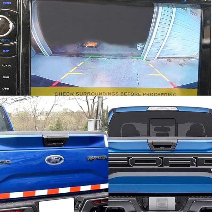 EWAY Tailgate Handle Reverse Backup Camera for Ford F150 2015 2016 2017 with 4.3" LCD Rearview Mirror Screen OEM Look Rear View Monitor Display with RCA Connector