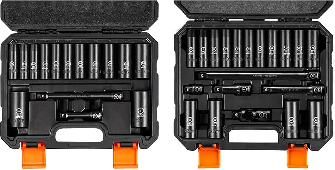 Boen 35 Pieces Impact Socket Set, 1/2 Inch Drive & 3/8 Inch Drive SAE (1/4" to 1") and Metric (10-24mm), Extension Bars, Universal Joint and Adapter, 6 Point Design, Meets ANSI Standards