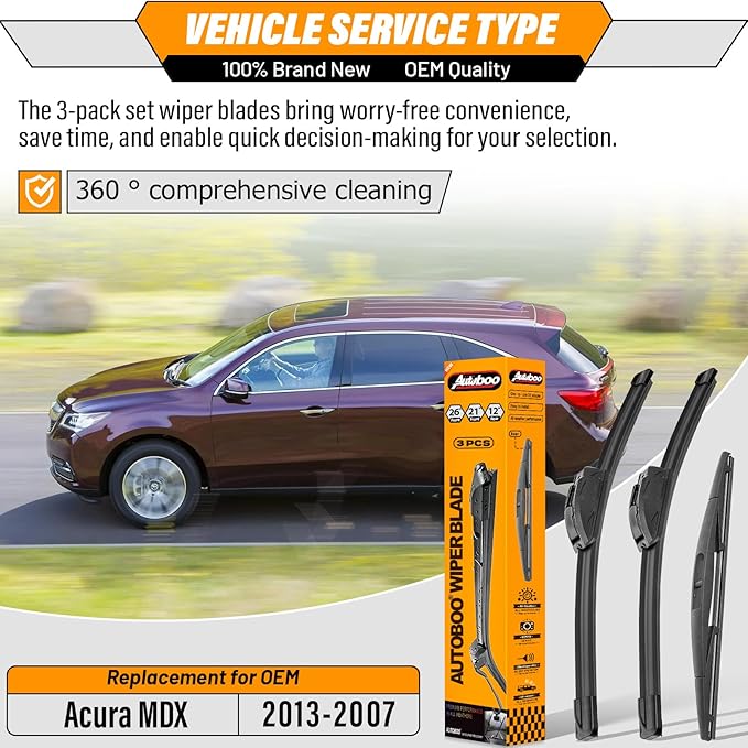 AUTOBOO 26"+21" Windshield Wipers with 12" Rear Wiper Blade Sets Replacement for Acura MDX 2007-2013 -Original Factory Quality (Pack of 3)