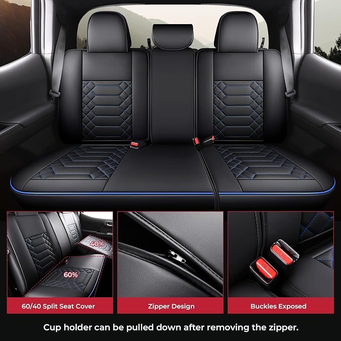 FREESOO Tacoma 2016-2023 Seat Covers Custom Fit for Toyota Tacoma Double Crew Cab Faux Leather Full Set Pickup Truck Seat Covers (Full Set, BlackBlue)
