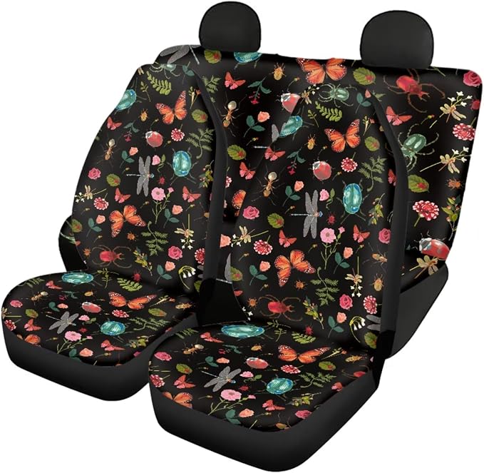 Wild Forest Daisy Auto Seat Covers with Cute Animal,12 Pcs Full Set Car Front Split Bench Seat Covers+Elastic Steering Wheel Wrap+Safety Seatbelt Pad+Key Chain Sets for Women Men