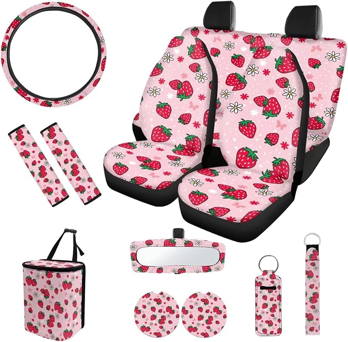 Strawberry Print 12 Pack Car Seat Covers Full Set Car Steering Wheel Cover Car Seat Belt Cover Keychain Holder Chapstick Holder Universal Fit for Vehicles,Cars,Suvs,Vans,Sedans