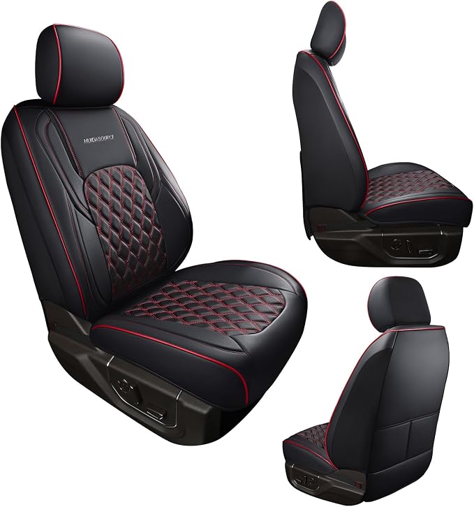 Huidasource Leather Seat Covers Custom Fit for Truck Chevy Silverado GMC Sierra 1500 2007-2013&2019-2025, 2500HD 3500HD 2020-2025 Crew Double Extended Cab Seat Cushion Protector (Full Set/Black&Red)