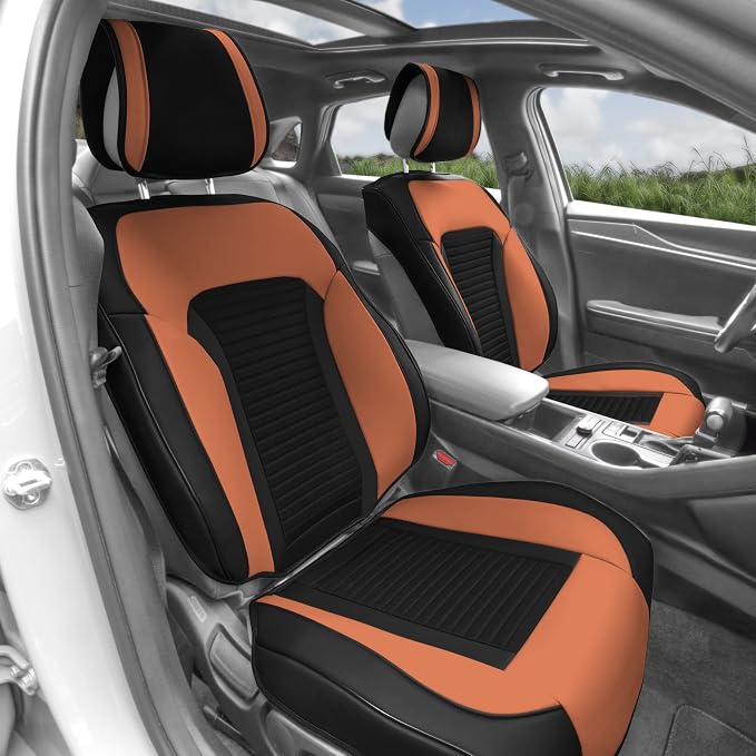 FH Group Front Set Faux Leather Car Seat Covers for Low Back Seat, Universal Fit, Airbag Compatible Car Seat Cushions for SUV, Sedan Brown