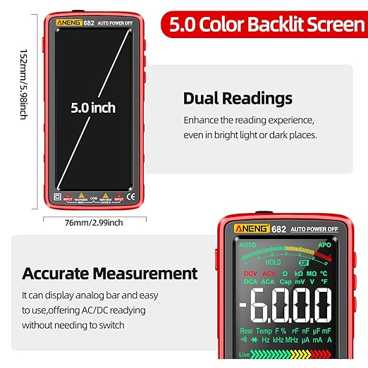 ANENG Multimeter Tester Color LCD TRMS Auto-Ranging 6000 Counts Voltmeter Smart Rechargeable Meter Measures AC/DC Current,NCV,Voltage,Ohm,Amp,Resistance,Diodes,Countinuity,Capacitance,Temperature