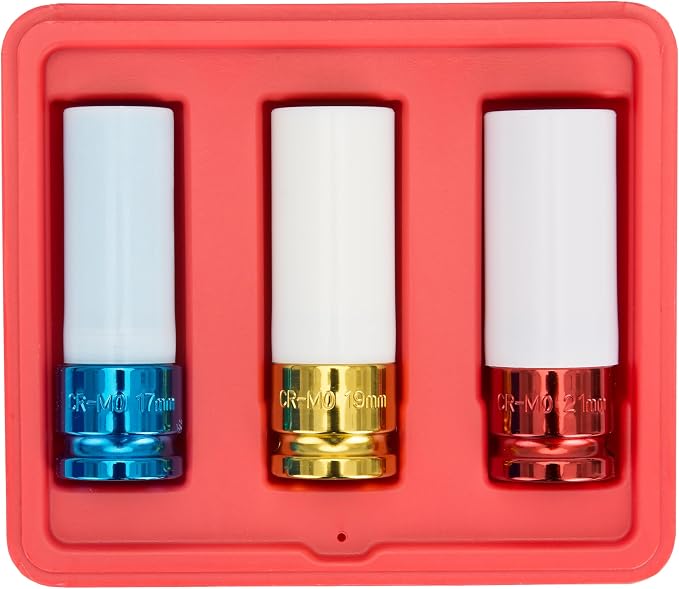 OEMTOOLS 25583 3 Piece 1/2" Drive Wheel Protector Impact Socket Set, Extra Thin Wall Socket Set, Keeps Lug Nuts and Wheels Protected, CR-MO Metric Socket Set