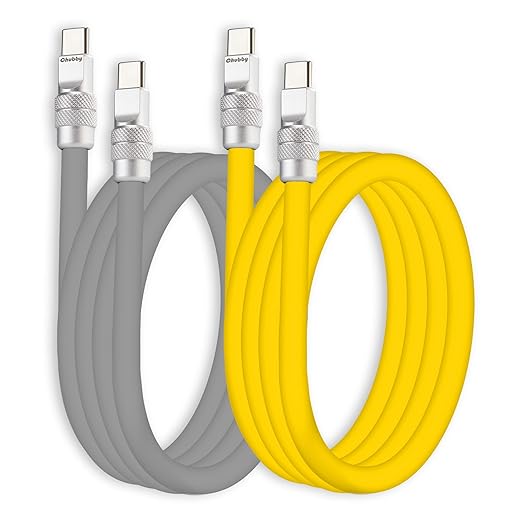 chubbycable Couple Chubby 2 Pack 240W USB C Cable Extra Thick Silicone Fast Charging Cable Compatible with iPhone 17-15 Series iPad Galaxy Series, Gray+Yellow, Type-C to Type-C, 8.2FT
