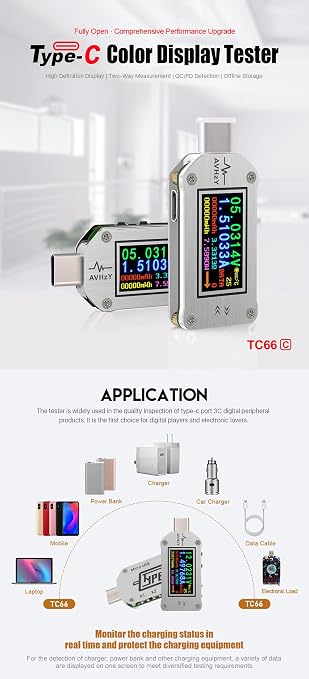 TC66C USB Meter 30V 5A Type-C Voltage Current Power Meter, PD Trigger, Charger Power Bank Tester, Color Digital LCD Display USB Tester AVHzY