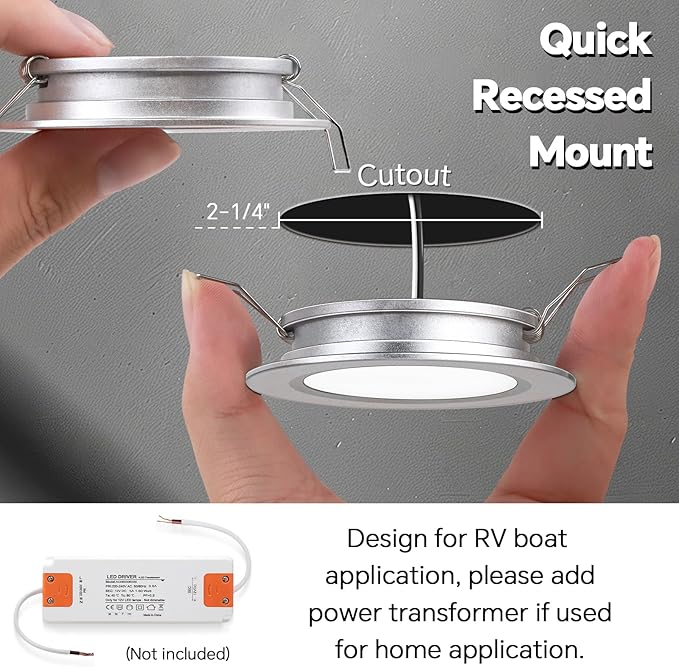 acegoo RV 2.75" Recessed LED Ceiling Light 12V Ultra-Thin Puck Light, Dimmable RV Lights Interior for Camper Van Truck Motorhome Boat Sailboat Roof Under Cabinet Lighting, 6 Pack (Silver,Warm White)