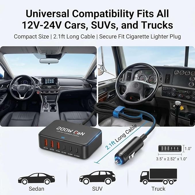 200W 6-Ports Fast USB C Car Charger，PD Type C Laptop Car Charger Power Adapter for MacBook pro/Air,Dell XPS 15/17,Lenovo/HP Laptop,QC3.0/PPS Car Charger for iPhone 17/16/15, Galaxy S26 Ultra/S25,ect