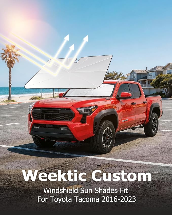 Weektic Custom Windshield Sun Shade Umbrella for Toyota Tacoma 2016-2023, [Double Thickened Ice Crystal Coating] Sun & Heat Protection, Keep Vehicle Cool & Protect Interior