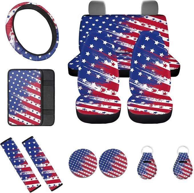 American Flag Seat Covers - 4th of July Independence Day Patriotic USA Flag Car Steering Wheel Cover, Seatbelt Armrest Pads, Coaster, Keychain - 12 Pcs Stars Stripes US Flag Car Interior Set
