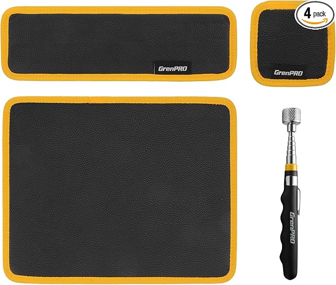GRENPRO Magnetic Tool Mat & Tray Holder, PVC Non-Slip Organizer for Auto Repair, 4 Pack: 3 Sizes Mats, Telescoping Pickup Tool