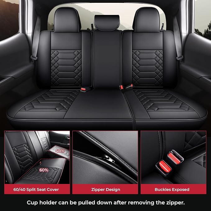 FREESOO Tacoma 2016-2023 Seat Covers Custom Fit for Toyota Tacoma Double Crew Cab Faux Leather Full Set Pickup Truck Seat Covers (Full Set, Black)