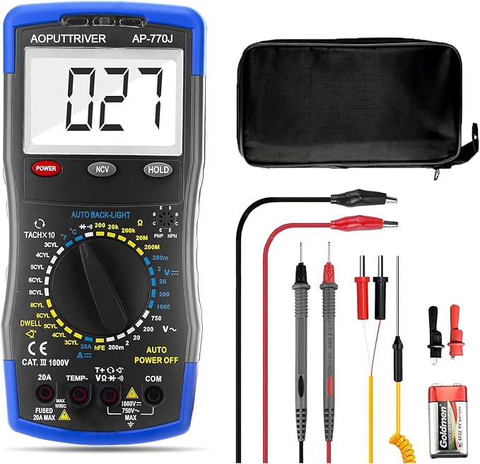 Digital Multimeter AP-770J Automotive Multimeter Engine Analyser Manual Ranging NCV Multi Tester Measure Voltage/Current/Resistance/Temp/RPM/Dwell Angle with Data Hold+Backlight+Auto Off+℃/℉