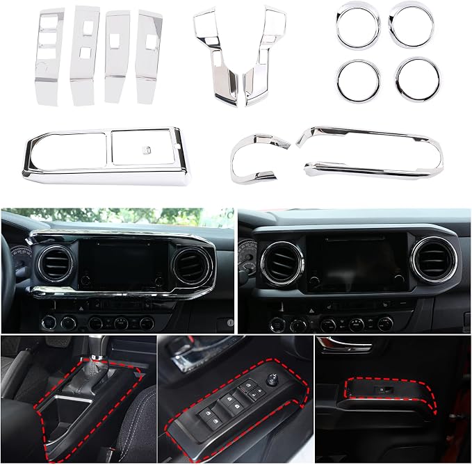 14PCS Full Set Interior Decoration Trim Kit Compatible with Toyot@ Tacoma 2016-2022 Central Control Dashboard Frame Cover Shift Knob Cover Air Vent Trim Cover Window Button Cover (Silver Gloss)