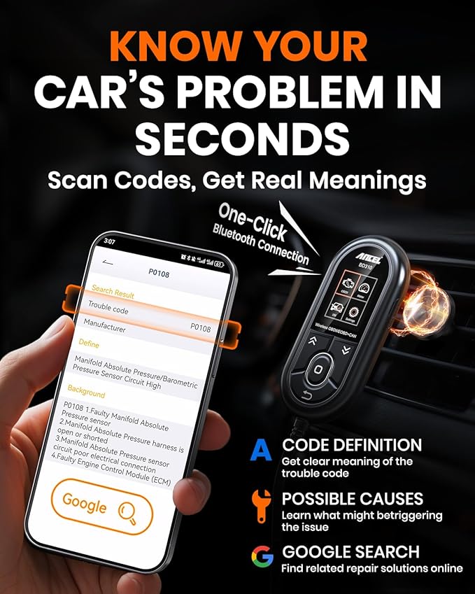 ANCEL BD310 Bluetooth OBD2 Scanner, 2-in-1 Car Diagnostic Scan Tool & Code Reader with App, Battery Test, Trip Analysis, Performance Test, for iPhone & Android, All 1996+ Vehicles