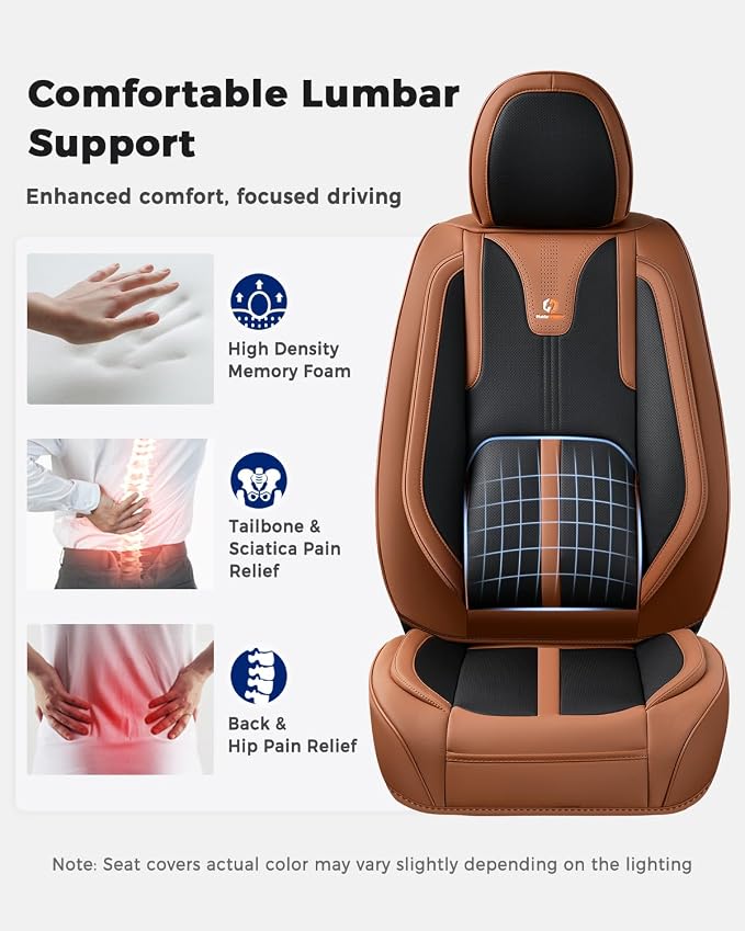 Huidasource Seat Covers Luxury Nappa Leather, Car Seat Covers Full Set with Velcro Adjustable, Airbag, Lumbar Support, Cooling＆Heating, Brown Car Seat Cover Fit for Most Cars SUV Trucks, Brown＆Black