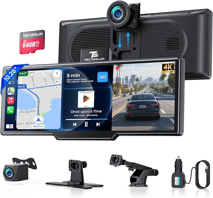 TECXERLLON 10.26" Portable Apple CarPlay Screen for Car, Wireless Car Play & Android Auto, 4K Dash Cam and 1080P Backup Camera, OTA, GPS Navigation, Voice Control, Mirror Link