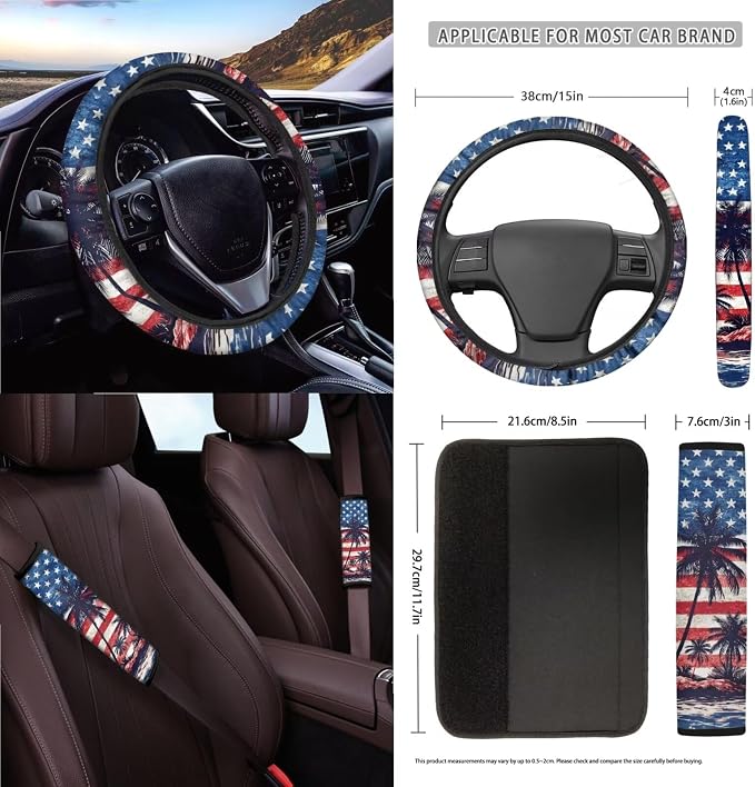 Wanyint Car Seat Cover Covers with Steering Wheel Seat Belt Strap Pad Trash Bag Phone Holder Rearview Mirror Accessories Cup Holder Key Chain Patriotic Auto Decor, 15 Pack, Hawaiian Palm Tree US Flag