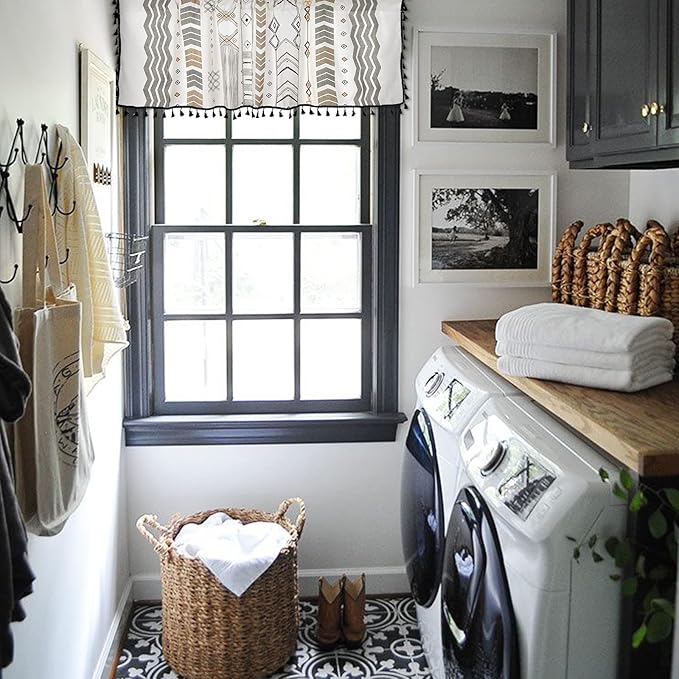 ColorBird Kitchen Window Curtains Over Sink Valance Short Boho Oven Curtain Basement Window Topper Light Filtering Rod Pocket 1 Panel for Cabinet RV (59" W x 18" L, Geometric)