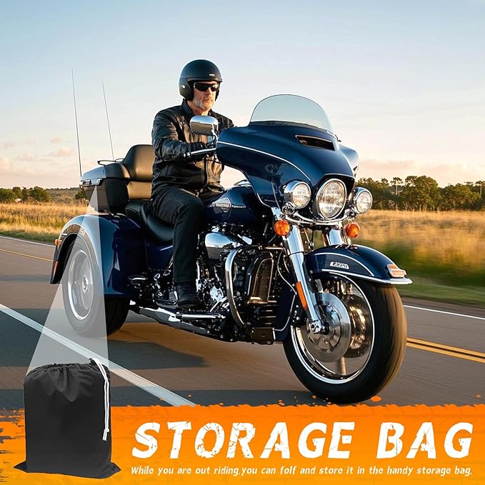 Trike Cover for Harley-Davidson Honda Gold Wing Kawasaki 3 Wheeler Motorcycle Outdoor Waterproof Storage Cover with Antenna Opening Windproof Buckle (Black)