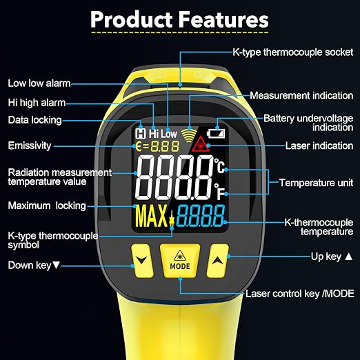 Infrared Thermometer Gun, TEMIRUP Digital Laser Thermometrer Temperature Gun with Probe, -40°F to 1472°F, IR Temp Gun with Color LCD for Cooking, Pizza Oven, Griddle Grill, Adjustable Emissivity