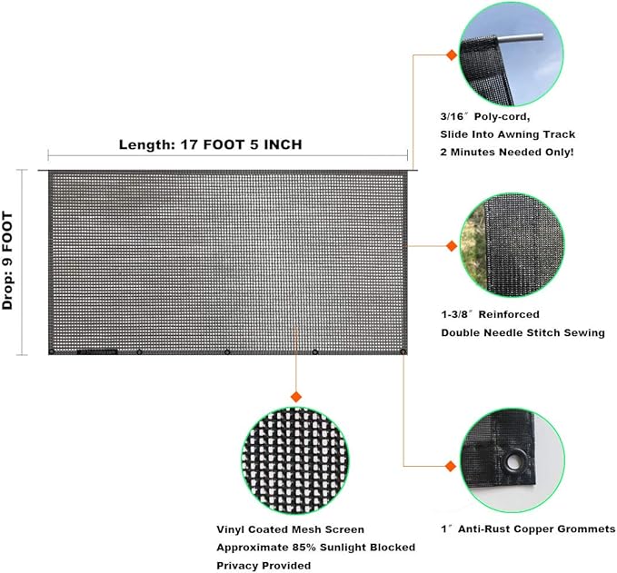 Shadeidea RV Sun Shade Screen for RV Awning - 9' X 17' 5'' (fit for 18' Awning) Black Mesh Sunshade Motorhome Camping Trailer UV Sunblocker Canopy Sunscreen - 3 Year Warranty