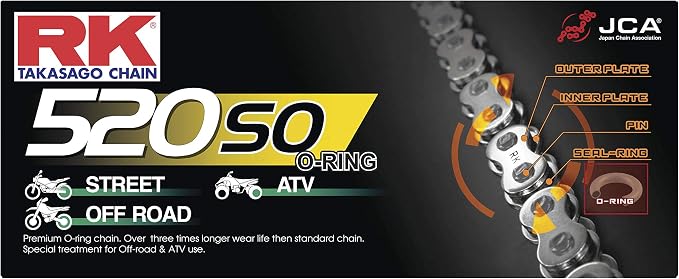 RK Racing Chain 520-SO-108 (520 Series) Steel 108 Link Traditional Street and Off-Road O-Ring Chain with Connecting Link