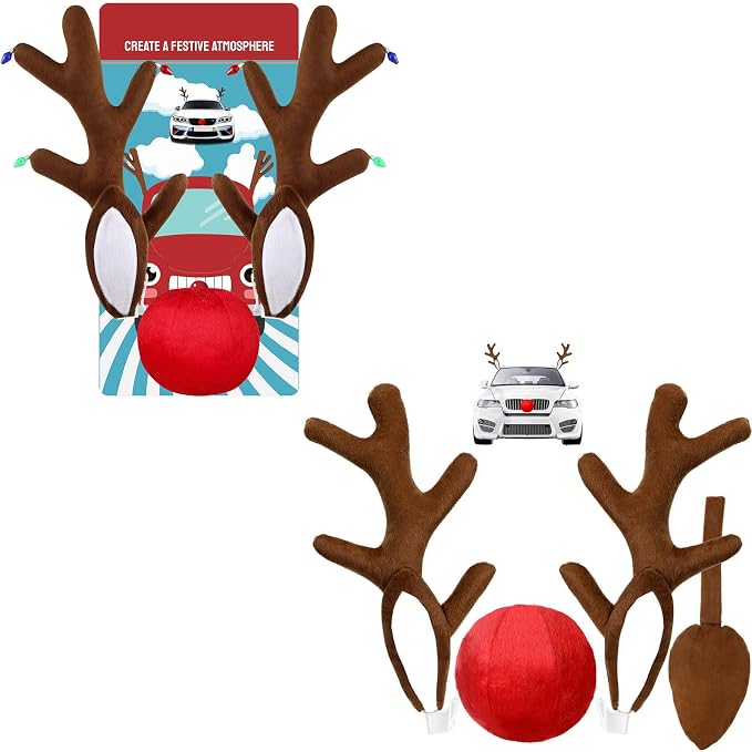 Christmas Car Reindeer Antlers with Nose & Ears - Festive Plush Antler Kit with Lights & Bells - Universal Holiday Decoration for SUV Van Truck
