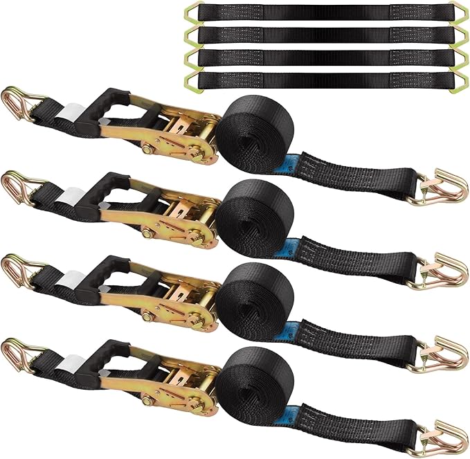 YAYODS 4 Pack Car Tie Down Straps for Trailers with J Hooks, 2" x 10' Heavy Duty Ratchet Straps with 2" x 36'' Axle Straps, 10,000lbs Break Strength Truck Strap for Car, Truck, UTV Transport, Black