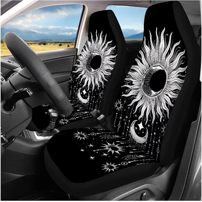 Ystardream Sun and Moon Car Seat Cover Sets for Women Stretchy Car Seat Cover with Elastic Mirror Cover Steering Wheel Cover Seatbelt Covers,Decorative Car Interior Accessories Sets for Women Girly