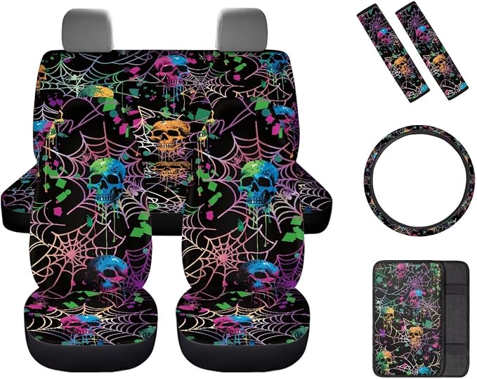 Colorful Spiderweb Skulls Car Seat Cover Full Set with Car Steering Wheel Cover, Auto Armrest Pad Protector, Auto Seat Belt Pads, Halloween Automotive Decorations Set of 8