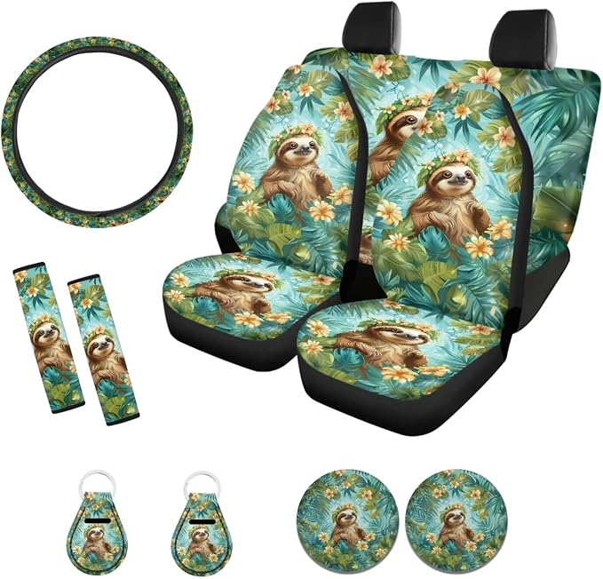 Xoenoiee Sloth Floral Leaf Print Car Seat Cover Full Set with Steering Wheel Cover, Seat Belt Cover, Coasters, Key Chains for Cars SUV, Universal Auto Accessories - 11 Pack