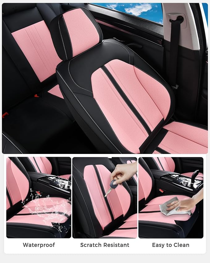 Huidasource Car Seat Covers Front Seats, Luxury Faux Leather Front Seat Covers, Compatible with Airbags, Seatbelt Buckles, Cooling＆Heating, Universal Fit for Most Cars, Vans, Trucks, SUVs, Black＆Pink