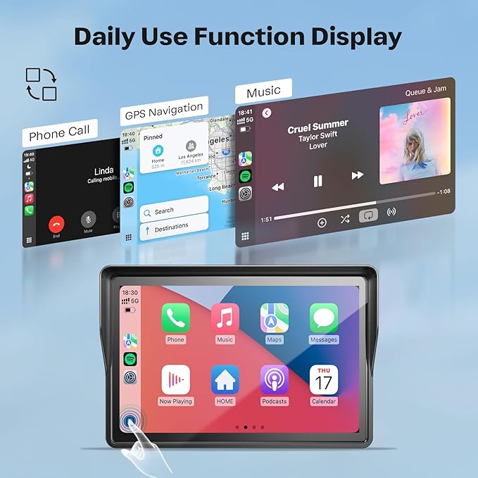 WonVon 5 Inch Motorcycle Carplay GPS Navigation System with Apple Carplay and Android Auto Portable Screen with Dual Bluetooth, Navigation, Siri, Google Assistant