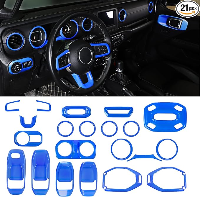 CheroCar 21PCS Full Set Interior Decoration Trim Kit for 2018-2026 Jeep Wrangler JL JLU & Gladiator JT Steering Button Frame, Air Conditioning Vent, Reading Light, Speaker (Blue)