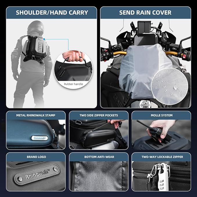 Rhinowalk Motorcycle Tank Bag, 15-18L Expandable Motorcycle Storage, Waterproof All Weather-Matte Black