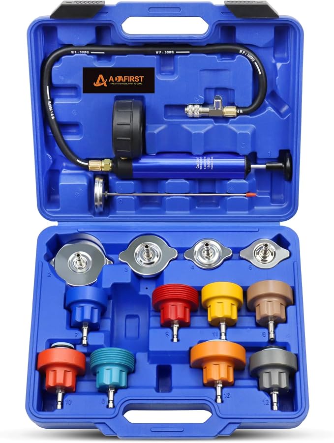 Coolant Pressure Tester Kit, Manual Pump Radiator Pressure Tester and Adapters Work on Cooling System Leak Down Test for Cars Motorcycles Trucks Airlifts, 14PCS Automotive Tools Blue